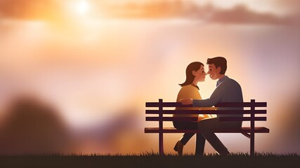 Image of a couple sitting on a park bench under a soft, blurred sky. 