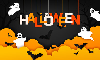 Halloween paper cut banner with clouds, ghosts and bats. Vector holiday party banner or greeting card design with 3d papercut effect, funny spooks, and colorful typography letters hanging on strings