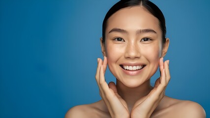 Fototapeta premium A young Asian girl model, with minimal makeup and a natural, genuine smile, natural beauty.