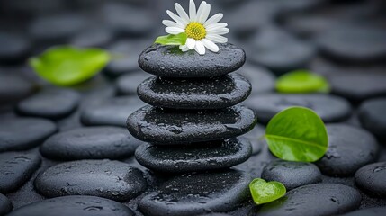 daisy with heap of pebble stones and green leaves, spa and wellness concept
