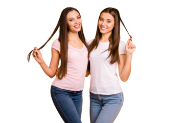 Close up photo two people beautiful she her ladies models long straight hairdo playing curls romantic mood toothy smile hugging stand close wear white pink casual t-shirts isolated yellow background