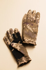 Men's army gloves on a beige background