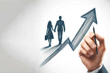 Fototapeta premium A pair holding hands move in the direction of growth, arrows. Space for text.