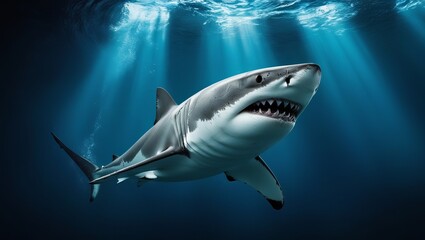 Fototapeta premium Great White shark under sea water cinematic