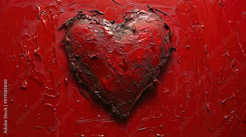 Poster a textured red heart on a vibrant red canvas background, creating an abstract and artistic expressio