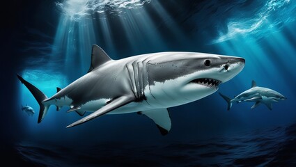 Fototapeta premium Great White shark under sea water cinematic