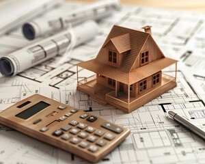 miniature model of house and calculator on top of construction plans 