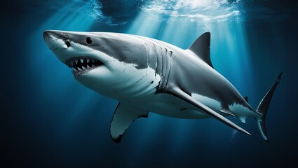 Fototapeta premium Great White shark under sea water cinematic