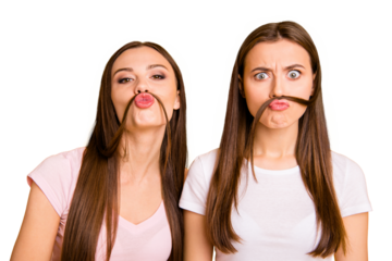 Close up photo two people beautiful she her ladies models send air kisses playing curls make fake moustache crazy facial expression wear white pink casual t-shirts isolated yellow background