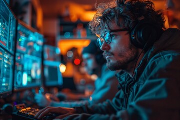 Obraz premium The man sits at computer monitors. Generative AI