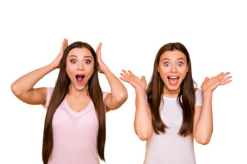 Portrait charming cute astonished ladies people travel impressed by incredible news discounts information yelling open mouth placing hand near head wearing pastel outfit isolated vivid background