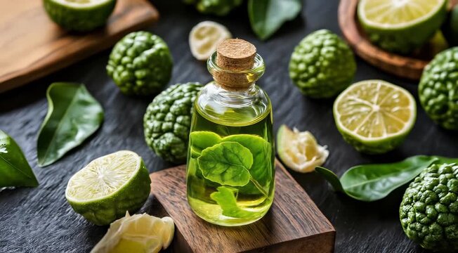Bottle of essential oil with kaffir lime leaves surrounded by whole and cut kaffir limes on a dark surface.