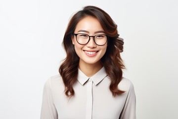 Beautiful young asian woman, company worker in glasses, smiling, standing over white background.