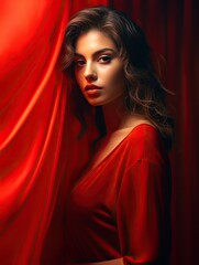 Woman in red dress against red wall, portrait