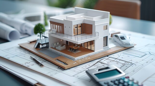 miniature model of house and calculator on top of construction plans 