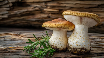 Two new king trumpet mushrooms with rosemary sprigs on bark wooden background rustic style close up