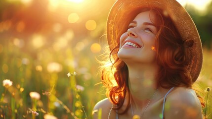 A Woman in a Straw Hat Smiling in a Field of Flowers During Golden Hour