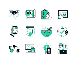Smart Farm - line design style icons set with editable stroke. Remote control, sprouts in soil, bug sprayer, watering drone, soil scanning, temperature, agriculture, crop and farmer with laptop