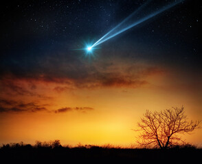 Comet, asteroid, meteorite flying to the planet Earth.  Glowing asteroid and tail of a falling...