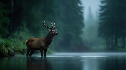 Fototapeta premium A majestic stag stands in a misty forest landscape, reflecting serenity and beauty in nature's tranquil environment.