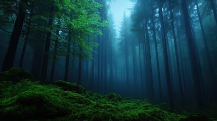 A serene forest scene shrouded in mist, showcasing lush green foliage and towering trees, creating a mystical atmosphere.