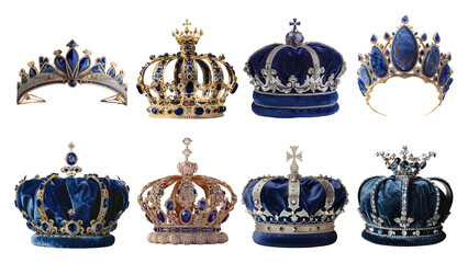 PNG blue jewel crown element set, transparent background