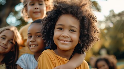 A group of diverse children smiling together outdoors