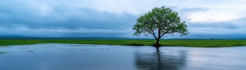 Obraz premium A serene landscape featuring a solitary tree near calm water, surrounded by lush greenery and a dramatic sky.