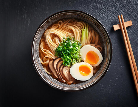 Top view of ceramic bowl with delicious ramen and chopsticks placed on table