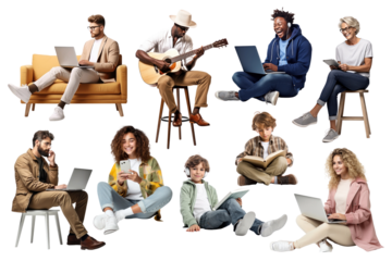 PNG people sitting pose set, transparent background