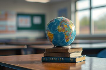 A globe sits atop a stack of books on a wooden desk in a classroom.
