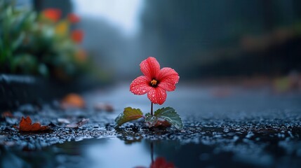 A striking red flower emerges through raindrops on a wet surface, showcasing nature's resilience in a serene, misty setting.