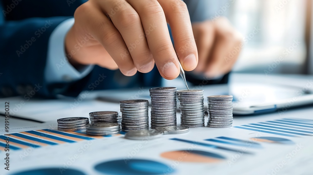 Poster businessperson adding coin to coin stacks on charts