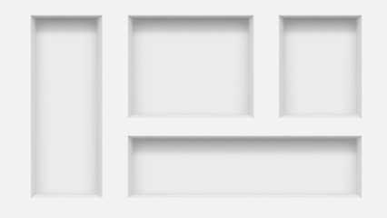 3d wall niches. Vector empty box shelves, display stand or showcase realistic mockup. Showroom, gallery, studio or shop product presentation 3d rectangular niches or shelves in white wall