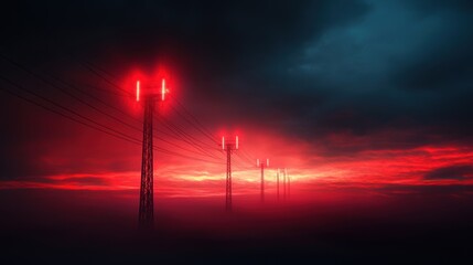 Obraz premium A series of red power lines are lit up in the dark