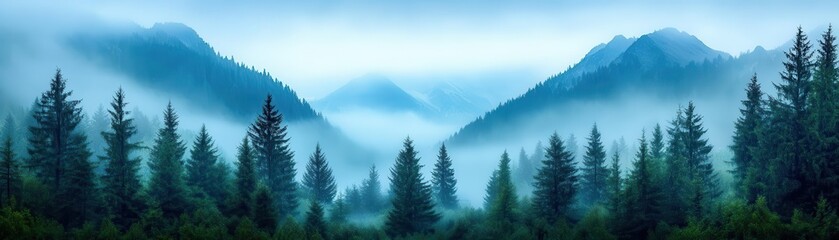 Fototapeta premium Mist-covered mountains rise behind dense pine trees, creating a serene and tranquil landscape perfect for nature lovers.
