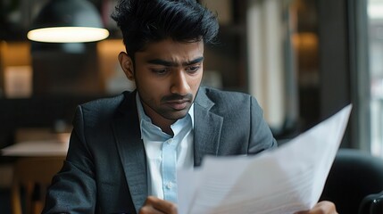 Young businessman in a suit reviewing documents in a cafe.