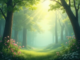 Serene Forest Sanctuary: Verdant Glow, Blooming Flora, and Mystical Ambiance