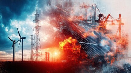 A wind farm with a fire in the background