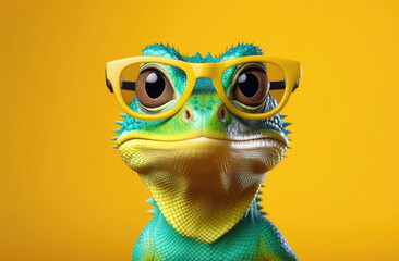 Fototapeta premium illustration of funny reptile in glasses. cute lizard on solid yellow background