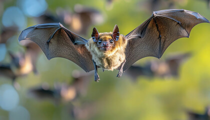 Large flying fox bat flying with open wings