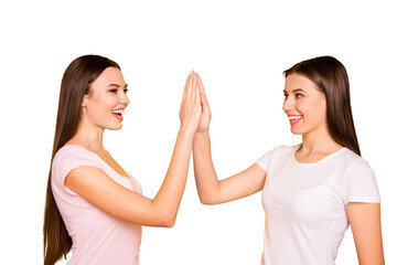 Portrait of nice-looking cute charming lovely attractive cheerful cheery optimistic positive straight-haired ladies giving high five isolated over bright vivid shine background