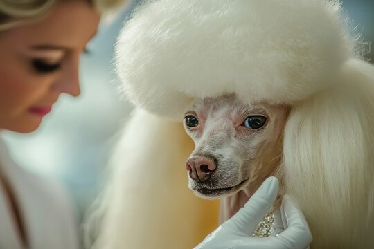 A well-groomed poodle at a pet salon, with a stylist carefully trimming its fur