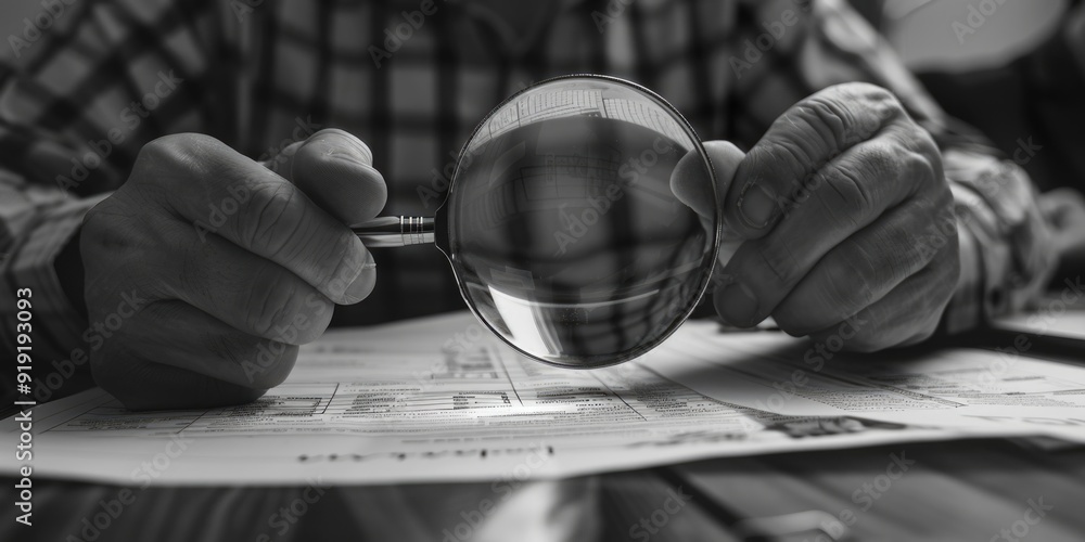 Poster Close-up of a person inspecting an object using a magnifying glass, ideal for scientific or detective settings