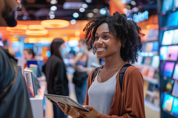 Smiling customer is holding a digital tablet while having a conversation with a sales assistant who is advising her in a tech store