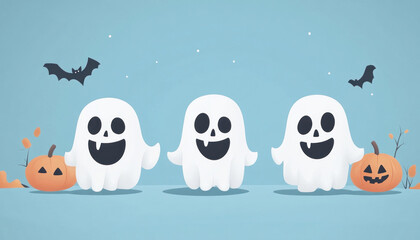 Fototapeta premium Three happy halloween ghosts floating with pumpkins and bats