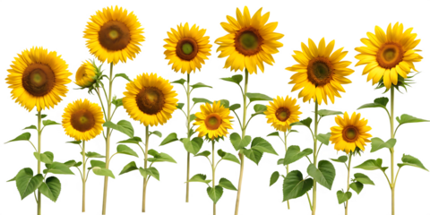 Set of sunflower field isolated on white background. AI GENERATED