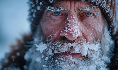 old man with frozen beard full of icicles in really cold winter weather.