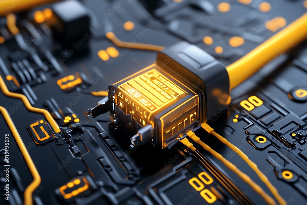 Poster Closeup of a Yellow Network Cable and Internet Interface with Gray Numeric Background