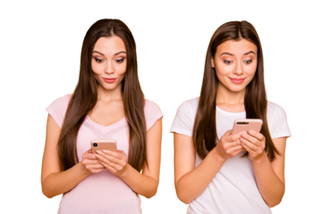 Portrait of nice-looking cute charming lovely sweet winsome attractive amazed cheerful cheery straight-haired girls using 5g app isolated over bright vivid shine background